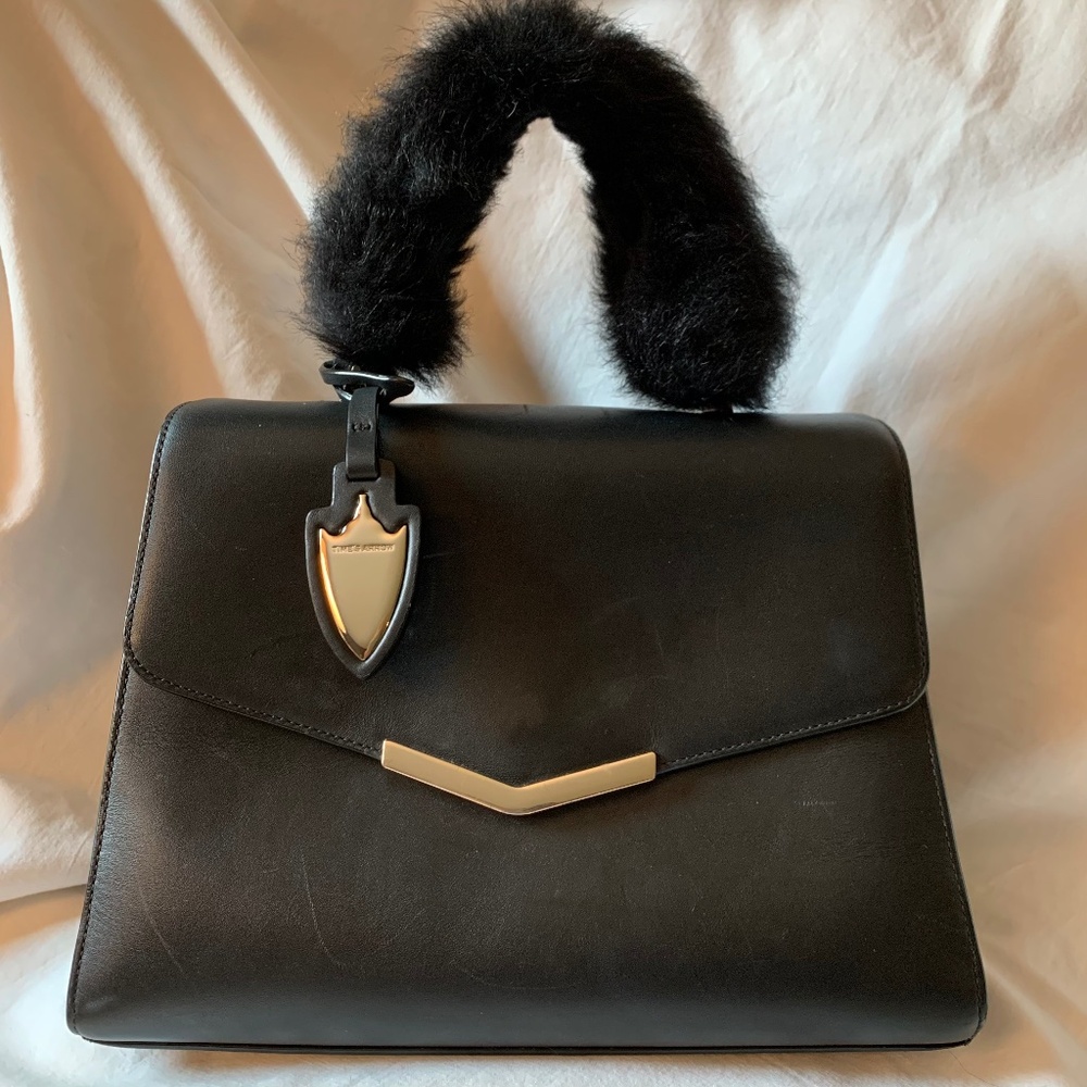 Time's Arrow black leather  'Ava Satchel' handbag with sheep fur handle